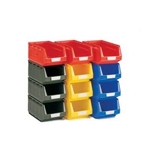 Bott Mobil Plastic open fronted small parts stock containers for louvre panel wall mouted container situations. Light duty compared to Linbins